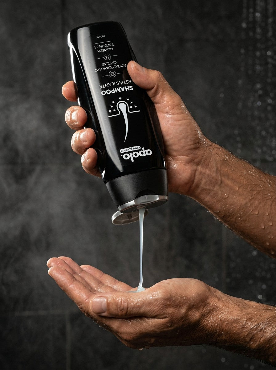 Shampoo Apolo en la regadera — aplicación en la mano